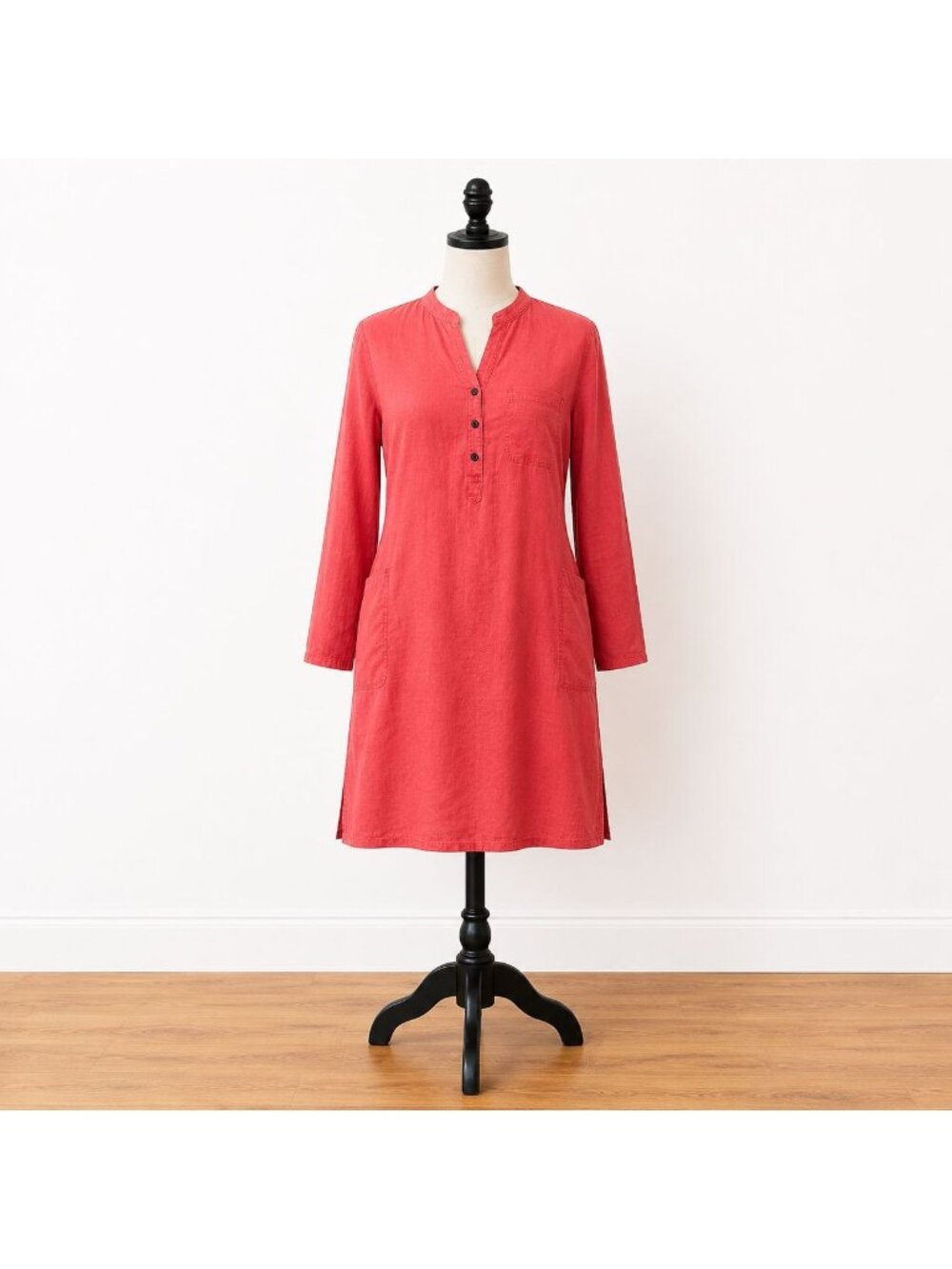 Pure Linen Womens Dress Large Tunic Kurta Long Sleeve Pocket Buttoned Collar